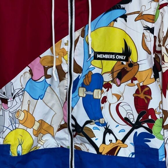 New COLOURBLOCK LOONEY TUNES JACKET IN RED BLUE Men’s M Womens L - Picture 7 of 8